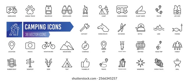 CAMPING - Outline Icon Collection. Thin Line Set contains such Icons as Ambulance, Animal Track, Backpack, Binoculars, Bonfire, Camp and more. Simple web icons set.