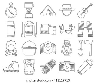 Camping outline icons collection. Hike outdoor elements set in thin line design. Hiking gear and essentials lineart collection. Vector linear camp equipment pictograms isolated on white background.