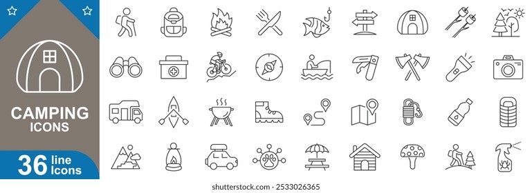 Camping outline icons set. Tent, campfire, backpack, hiking, adventure, nature, bag, compass, lantern and more. vector illustrator.