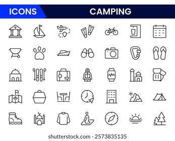 Camping outline icons set. Tent, campfire, backpack, hiking, adventure, nature, bag, compass, lantern and more. vector illustrator.