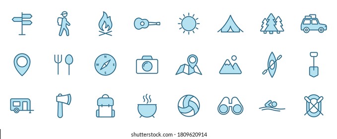 camping outline icons in two colors for web, mobile and ui design. camping blue vector icons isolated on white background