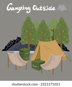 camping outside with tent, chair, boxes