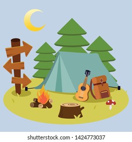 The camping pack set for go to the forest picnic trip and camping with the tent in the forest in flat vector style. Illustration for graphic,content, banner.