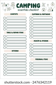 Camping packings checklist. Travel essentials list. Packing checklist for road trip, camping. Journey, vacation, active tourism. For travel guide, active tourists. Packing must haves for wandering.