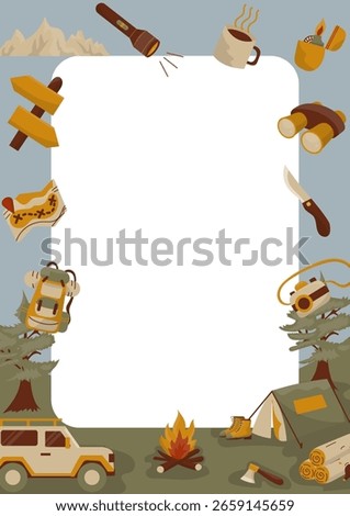 Camping paper frame, tent, bonfire with firewood