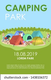 Camping park brochure template. Backpacking trip flyer, booklet, leaflet concept with flat illustrations. Vector page layout for magazine. Summer festival advertising invitation with text space