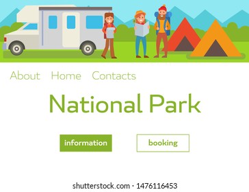 Camping park landscape vector illustration with travelers with backpacks, tents and van. Webpage template for summer camp, nature tourism, camping, hiking, trekking, etc.