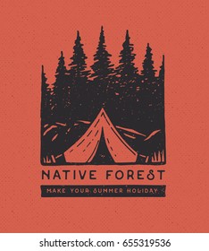 Camping park logo. Native forest and tent on red background. Hand Drawn. Sketch illustration.