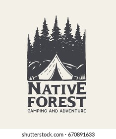 Camping park logo. Native forest and tent on light background. Hand Drawn. Sketch illustration.