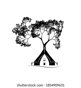 Camping park.Tent and big tree. Black icon on white background