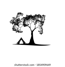 Camping park.Tent and big tree. Black icon on white background