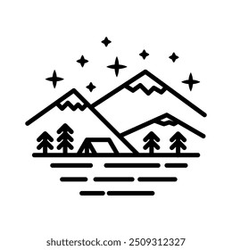 Camping patch in line art style. Tent and Mountains. Black outline on white background. Nature and travel concept. Vector illustration.