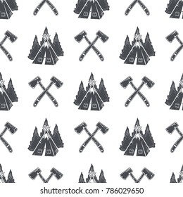 camping pattern with backpack, trees and pine cone symbols. Adventure seamless wallpaper. Vector isolated on white background. Monochrome design
