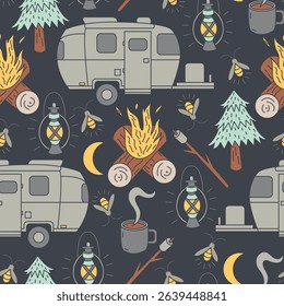 Camping pattern with cozy trailers, bonfires, lanterns, trees, and marshmallows. A whimsical outdoor-themed seamless design perfect for travel and adventure lovers.