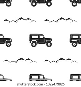 Camping Pattern Design - Adventure retro car and mountains symbols. Outdoors seamless background. Silhouette vintage style. Nice for camping adventure tee, apparel, packaging, prints. Stock vector.