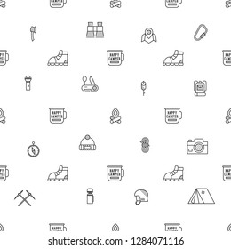 Camping Pattern Design - Outdoors Adventure seamless background with camp symbols and wanderlust elements in line art style. Nice for camping adventure tee, apparel, packaging, prints. Stock vector.