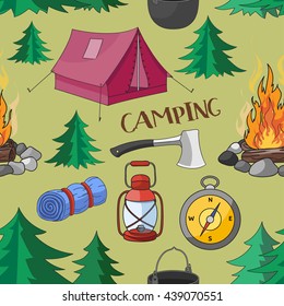 Camping pattern with equipment symbols