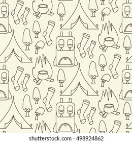 Camping pattern: tent, fire, backpack, sock, mushrooms
