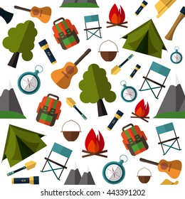 Camping pattern. Vector illustration in Flat Design Style for Web Banners or Promotional Materials. Tent, map, compass, backpack, flashlight, fire, guitar, shovel, the mountains. Camping equipment. 
