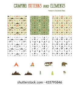 Camping patterns and hiking elements set - tent, bear, bonfire, van trailer, mountains. Travel seamless wallpaper design. Equipment for camping symbols Use as Adventure pattern in web projects, print
