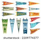 Camping pennant flags, camp pendants and outdoor sport club vector banners. Scout summer camping, kayak or boat station, fishing and mountain hiking camp pennant flag, tourism banners
