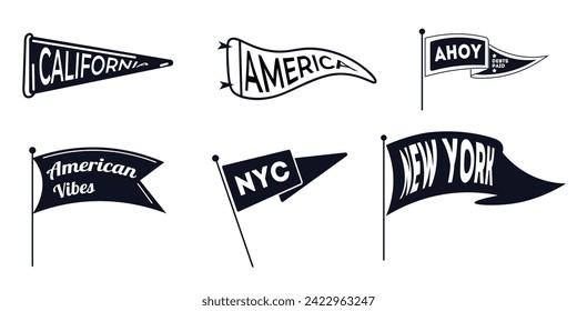 Camping pennant flags, camp pendants for adventure sport and travel hiking, vector. Varsity scout camping or university camper pennant flags, mountain tourism,