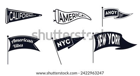 Camping pennant flags, camp pendants for adventure sport and travel hiking, vector. Varsity scout camping or university camper pennant flags, mountain tourism,