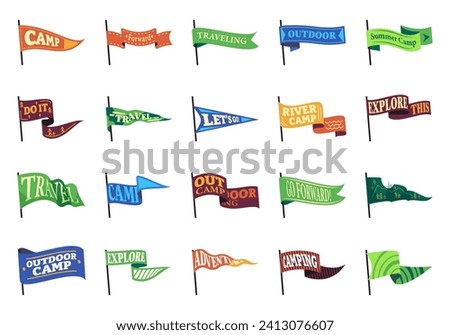 Camping pennant flags. Summer hiking expedition patch, wilderness camping motto and slogan, wild discovery and exploration logo. Vector collection of flag pennant sign for camp illustration