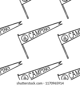 Camping pennant seamless pattern. Monochrome line art hipster style. Stock vector wallpaper illustration isolated on white background.