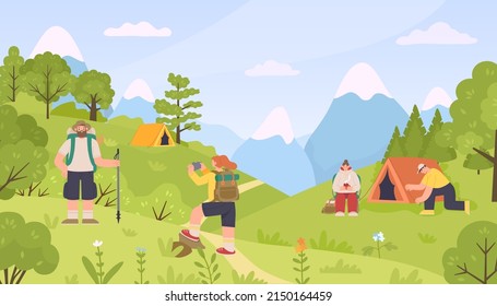 Caminando gente explorando el bosque, haciendo senderismo y trekking. Depósito activo al aire libre vectorial, aventura ilustrativa en montaña