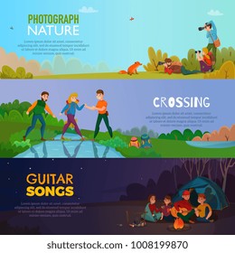 Camping people horizontal banners set with flat adventure landscapes and cartoon human characters with editable text vector illustration