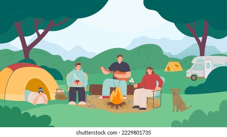 Camping people landscape. Family resting weekend with bbq and fireplace. Vector illustration of family picnic and outdoor tourism