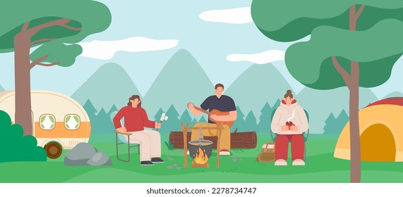 Paisaje de la gente acampada, carpa y hoguera cerca del campamento. Vector de hoguera de paisaje al aire libre, ilustración de vacaciones de verano de aventura y recreación