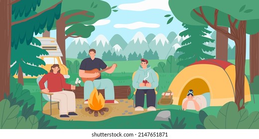 Camping People Landscape. Tourist Persons Sitting Around Bonfire On Nature, Active Vacation Scene. Vector Illustration. Man And Woman Relaxing Outdoor In Campground. Tourists In Trip