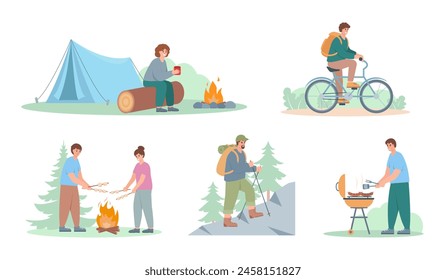 Gente de camping. Personajes de hombres y mujeres felices relajándose en la naturaleza. Ilustraciones vectoriales de vocación turística de verano aisladas sobre fondo blanco.