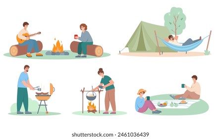 Camping people set. Happy men and women characters with tent, bonfire, cooking, and relaxing. Summer tourist vocation vector illustrations isolated on white background.