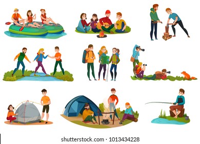 Camping people set with tent food and nature symbols flat isolated vector illustration