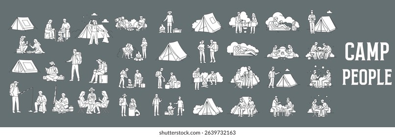 Camping People Vector Illustration – Hand-Drawn Men, Women, and Children in Outdoor Poses with Tents, Backpacks, and Gear for Architectural Drawings, Campsite Maps, and Recreational Design Projects

