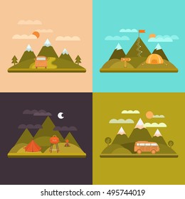 Camping and picnic design concept background. Adventure outdoors collection elements: bus, tent, grill, bonfire, mountains. Landscape with mountains. Activity and travel vector illustration.
