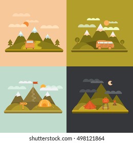 Camping and picnic design concept background. Adventure outdoors collection elements: bus, tent, grill, bonfire, mountains. Landscape with mountains. Activity and travel vector illustration.