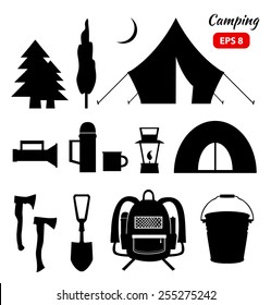 Camping picnic icons collection. Tools equipment isolated silhouette vector set
