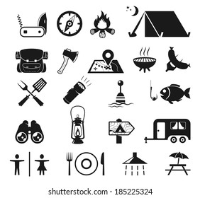 Camping and Picnic icons set BW
