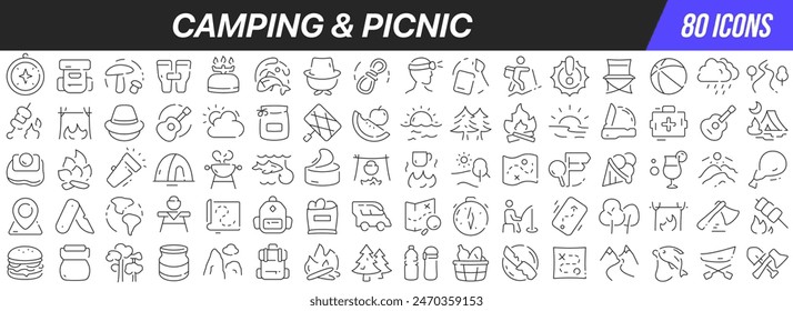 Camping and picnic line icons collection. Big UI icon set in a flat design. Thin outline icons pack. Vector illustration EPS10