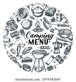 Camping picnic menu and outdoor cooking concept. Vector hand drawn sketch illustration of camp food isolated on white background. Grilled meal and snack banner, poster design template