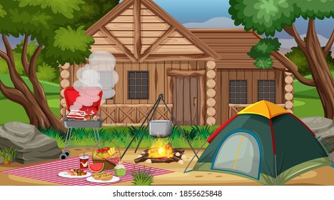 Camping or picnic in the nature park at daytime scene illustration
