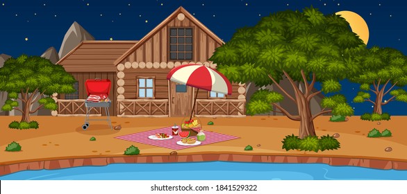 Camping or picnic in the nature park at night scene illustration
