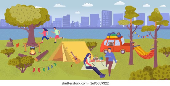 Camping picnic in summer forest vector illustration. Cartoon people eating food near tourist camp with tent, flat couple camper characters running in park. Active summertime tourism, sport activity