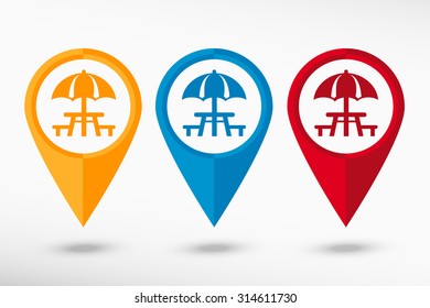 Camping and picnic table icon map pointer, vector illustration. Flat design style