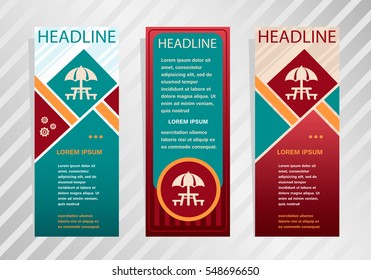 Camping and picnic table icon on vertical banner. Modern abstract flyer, banner, brochure design template.