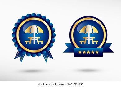 Camping and picnic table icon stylish quality guarantee badges. Blue colorful promotional labels